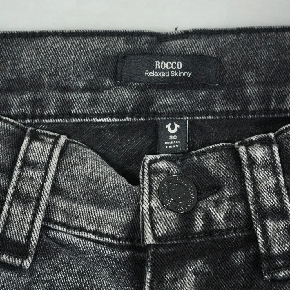 True Religion Rocco Stacked Skinny Jean 33x40 Tall Gray Moto Zip Grunge Punk Y2K